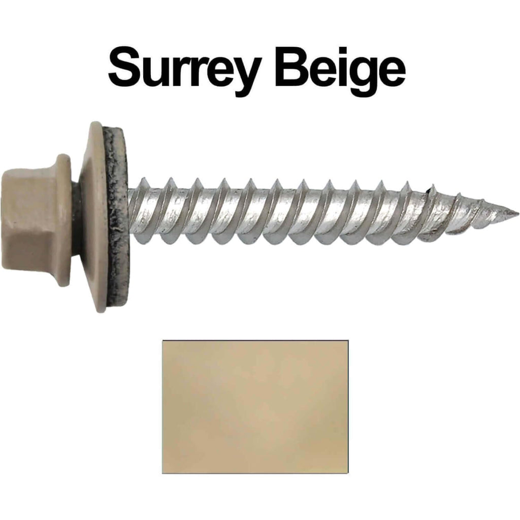 Stainless Steel Metal Roofing Screw: Surrey Beige (250) 12 x 1-1/2' Hex Sheet Metal Roof Screw. Sharp Point Metal to Wood siding Screws. 5/8' EPDM Washer.