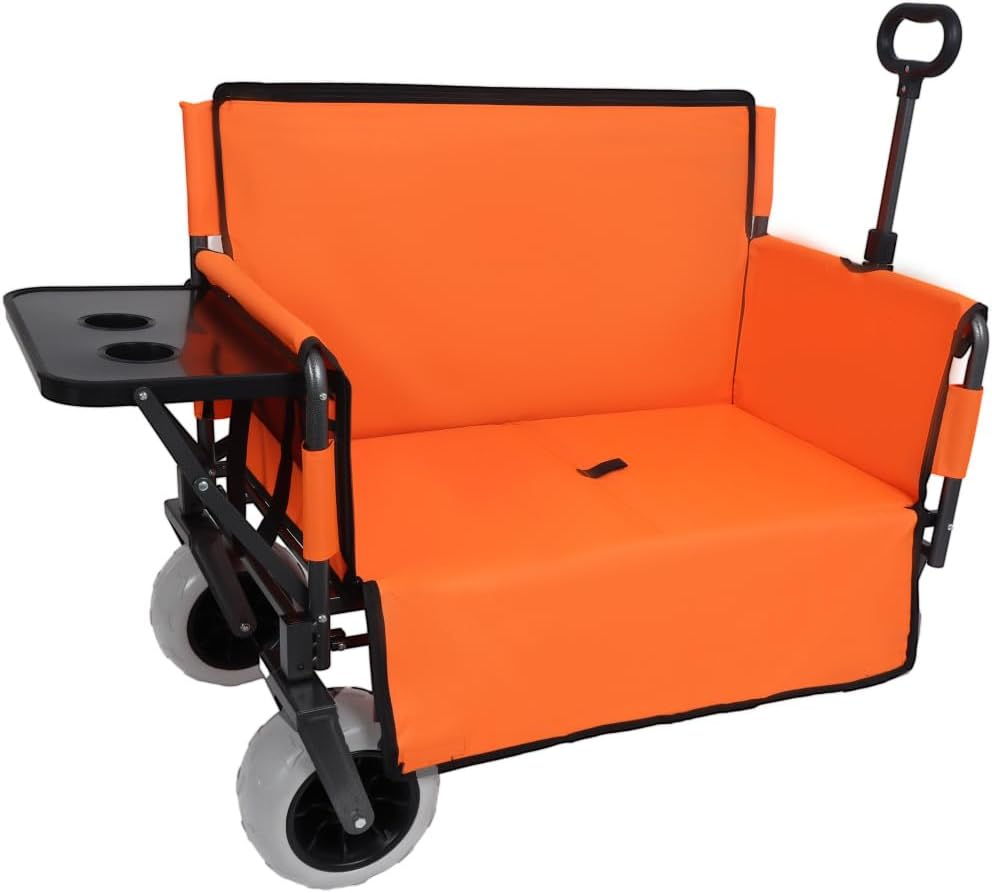 Heavy-Duty Folding Wagon with Bench Seat and Rear Folding Tabletop – 500-Pound Capacity, All-Terrain Beach Wheels for Outdoor Use (Orange + Steel)