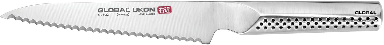 Global Ukon 6 inch Serrated Utility Knife - Lightweight Japanese Stainless Steel, Razor Sharp Edge, Ambidextrous Thumb Rest, Made in Japan, GUS-22