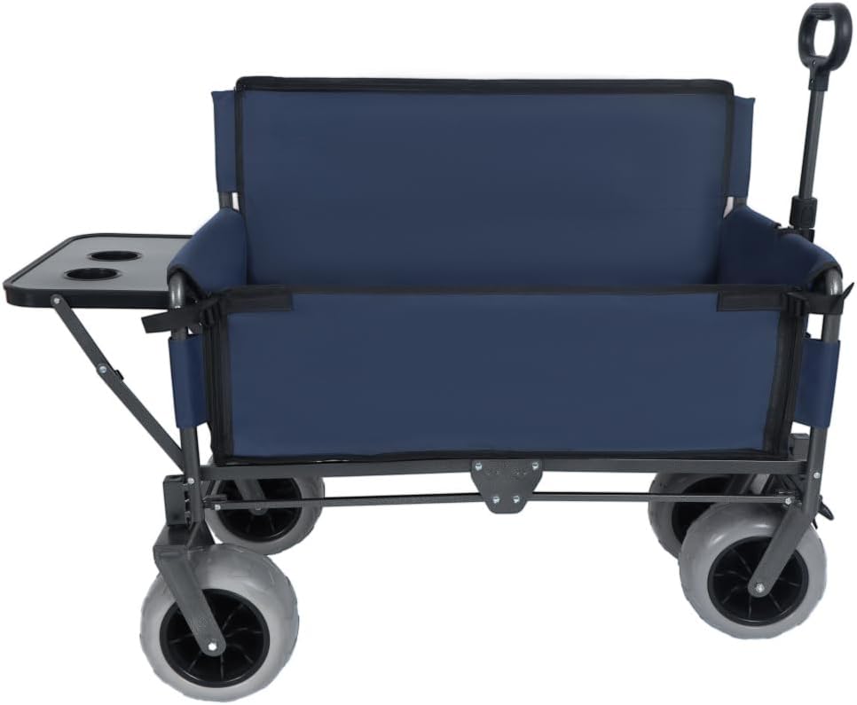 Heavy-Duty Folding Wagon with Bench Seat and Rear Folding Tabletop – 500-Pound Capacity, All-Terrain Beach Wheels for Outdoor Use (Dark Blue + Steel)