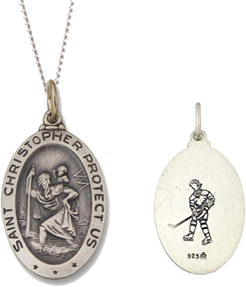 925 Sterling Silver Polished Antiqued-Finish Double Sided Saint Christopher Oval Sports Pendant Medal Necklaces
