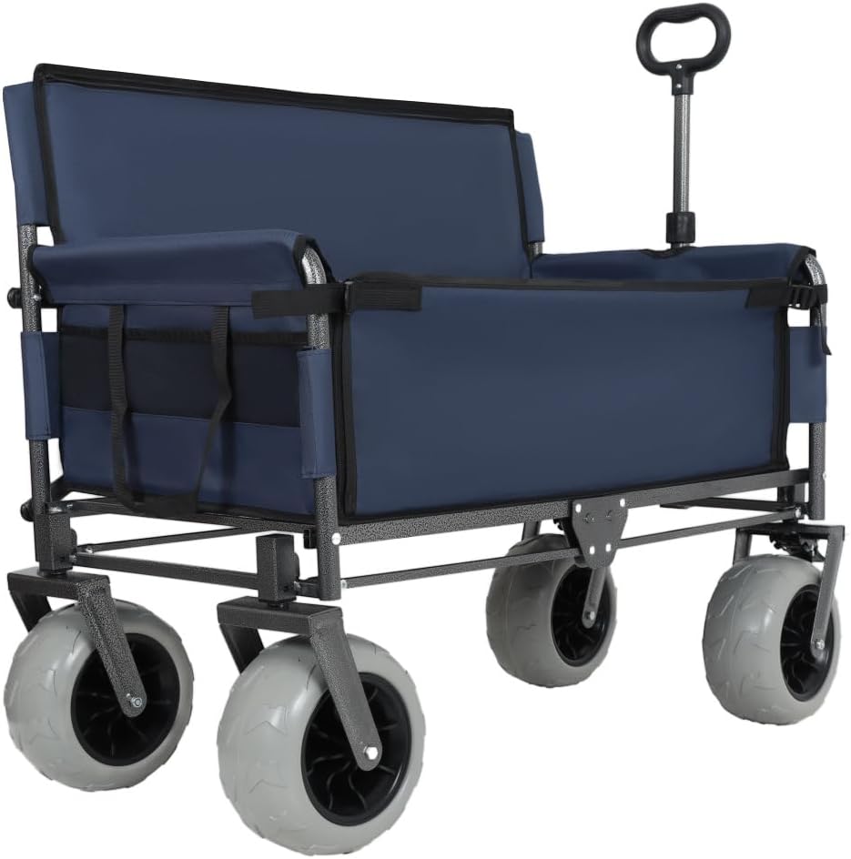 Heavy-Duty Foldable Utility Wagon with All-Terrain Wheels, Bench Seat & Large Storage Capacity for Outdoor Activities, Garden, Beach and Sports (Dark Blue + Steel)