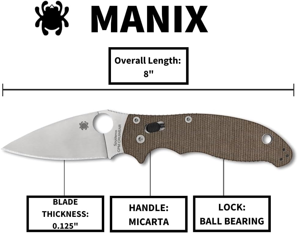 Spyderco Manix 2 Folding Pocket Knife with 3.3' CPM Cru-Wear Steel Blade and Micarta Handle - EDC Knife for Men and Women, Perfect for Hunting, Tactical, Camping, Survival - PlainEdge - C101MPCW2
