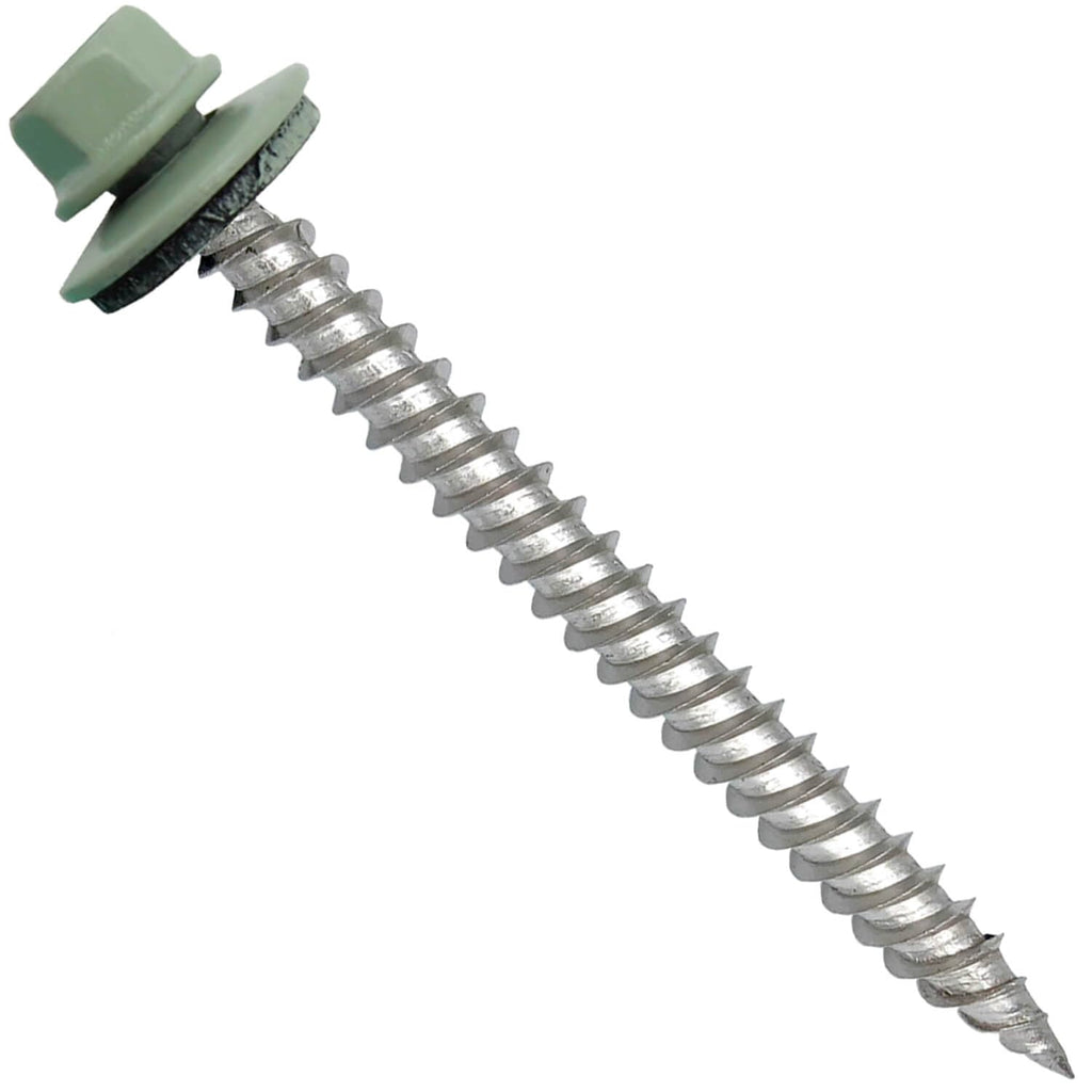 Stainless Steel Metal Roofing Screw:PATINA GREEN (250) 12 x 2-1/2' Hex Sheet Metal Roof Screw. Sharp Point metal to wood siding screws. 5/8' EPDM washer.