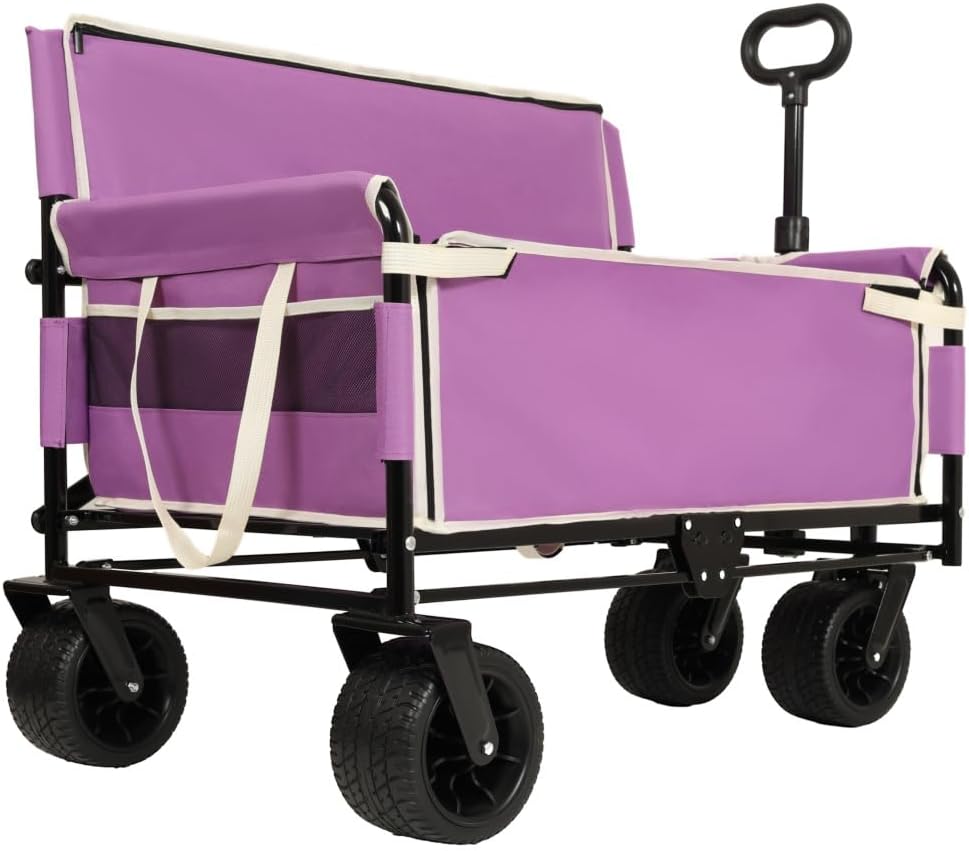Heavy-Duty Folding Utility Wagon with All-Terrain Wheels and Convertible Seat – 500 lb Capacity, 180L Cargo Space for Outdoor Activities (Purple + Steel)
