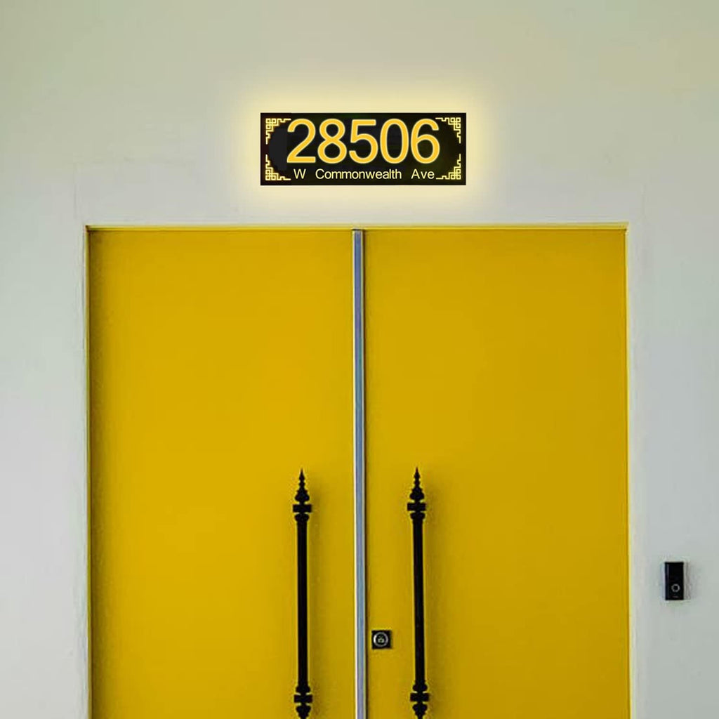 Illuminated House Sign,Steel Frontlit LED Floating Address Plaque, Display Lighted Address & Street Name,Custom House Number Sign,Black,Yellow Light,45 * 22