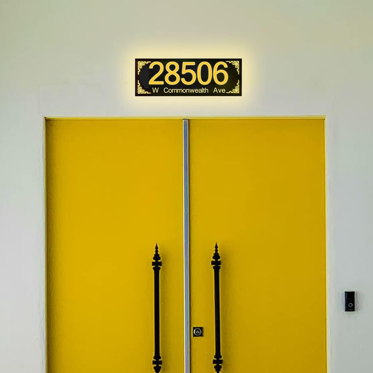 Illuminated House Sign,Steel Frontlit LED Floating Address Plaque, Display Lighted Address & Street Name,Custom House Number Sign,Black,Yellow Light,45 * 22