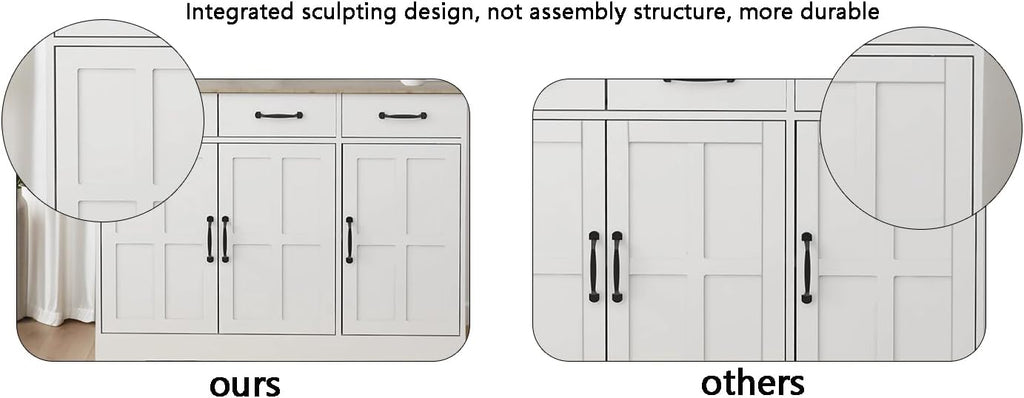 48' Carved-Door Freestanding Storage Cabinet, Kitchen Storage Bakers Rack with Metal Slides, Utility Food Cupboard for Home, White
