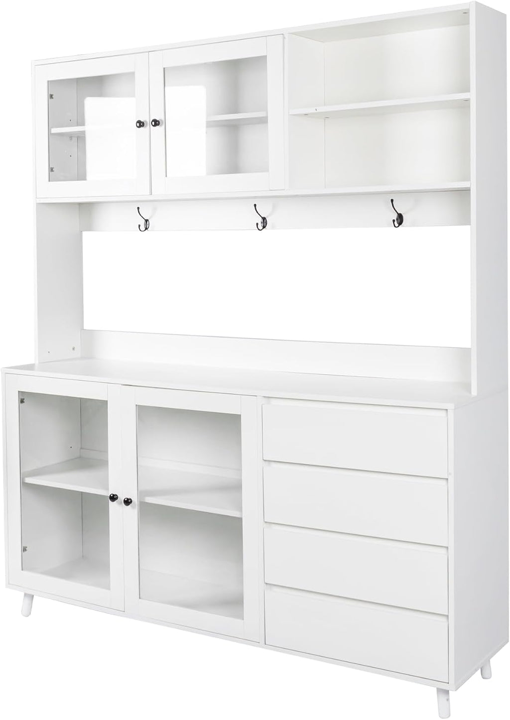 63' Kitchen Pantry Cabinet with Doors and Shelves, Bakers Rack Coffee Station with 4 Drawers and Hooks, Freestanding Storage for Kitchen Garage Office, White