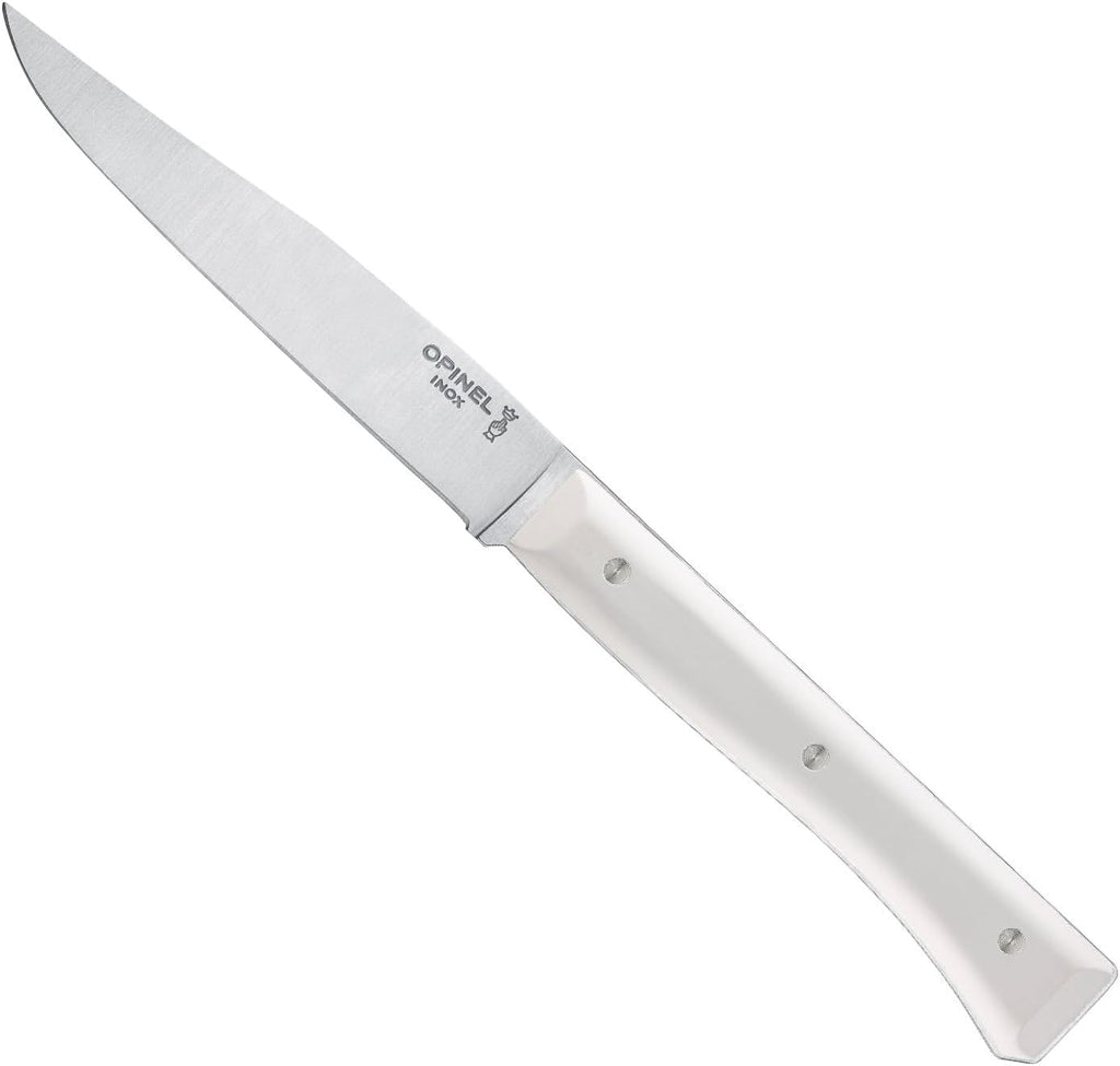 OPINEL Facette Steak Knife Set – Full Tang Table Knife Setting for 4, Comfortable Riveted Handle in Premium Woods and Vitter Eco, Made in France (White VittEr)