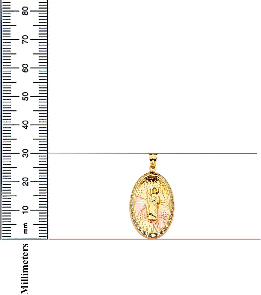 14K Tri Color Gold Cubic Zirconia San Judas Medal Pendant - Crucifix Charm Polish Finish - Handmade Spiritual Symbol - Gold Stamped Fine Jewelry - Great Gift for Men & Women for Occasions, 30 x 15 mm, 1.6 gms