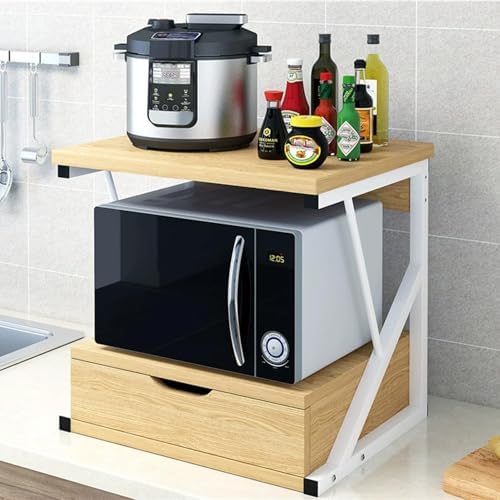 Multi-Purpose Microwave Stand with Drawer & Storage, Bakers Rack for Home Office, Natural Printer Shelf Organizer, Kitchen Storage Solution, Space-Saving Design