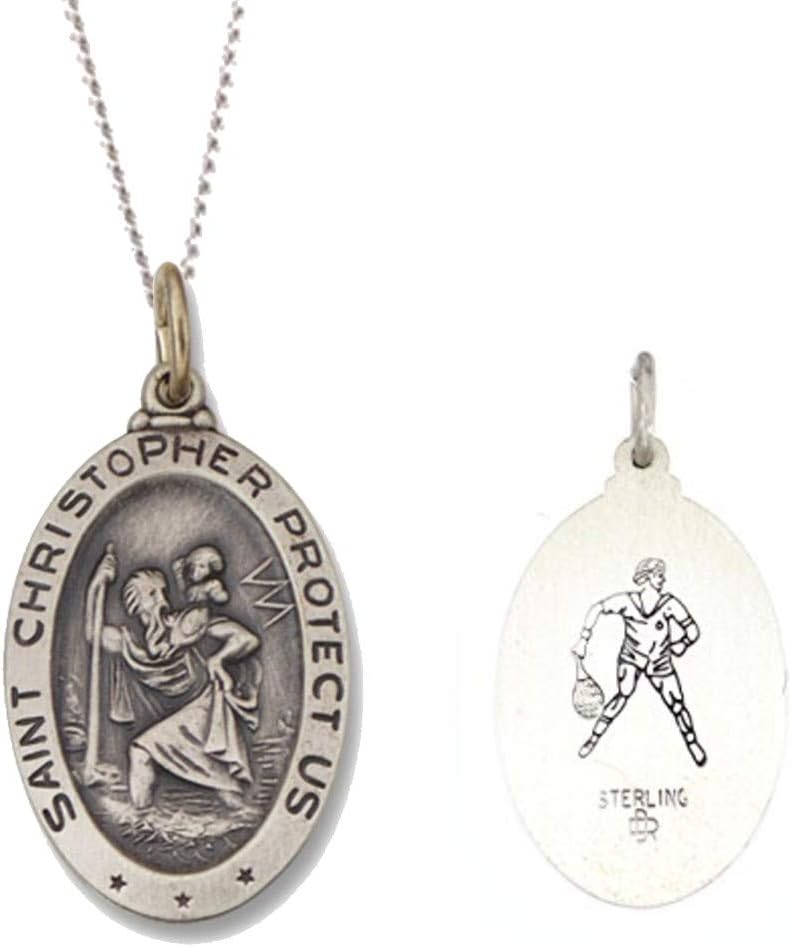 925 Sterling Silver Polished Antiqued-Finish Double Sided Saint Christopher Oval Sports Pendant Medal Necklaces