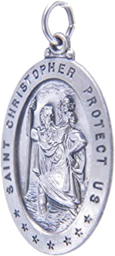 925 Sterling Silver Polished Antiqued-Finish Double Sided Saint Christopher Oval Sports Pendant Medal Necklaces