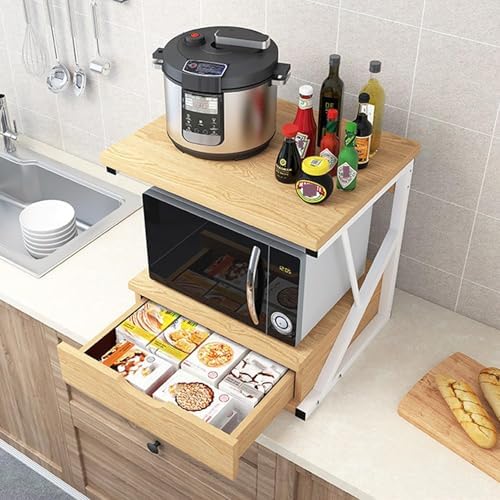 Multi-Purpose Microwave Stand with Drawer & Storage, Bakers Rack for Home Office, Natural Printer Shelf Organizer, Kitchen Storage Solution, Space-Saving Design