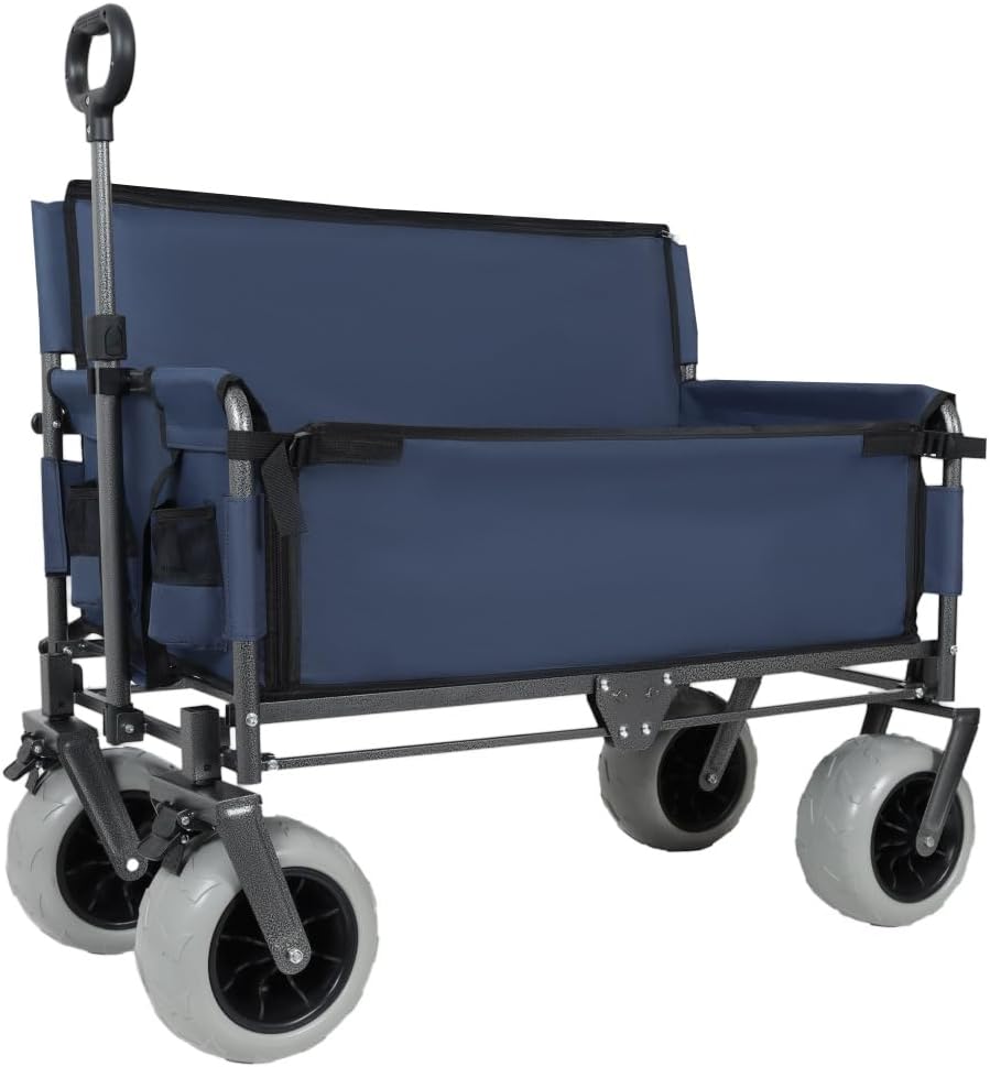 Heavy-Duty Foldable Utility Wagon with All-Terrain Wheels, Bench Seat & Large Storage Capacity for Outdoor Activities, Garden, Beach and Sports (Dark Blue + Steel)