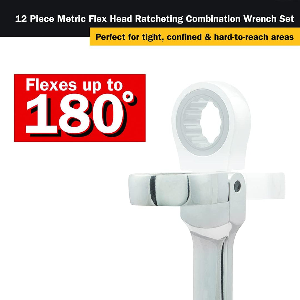 Titan 17367 12-Piece 12 Point 72 Tooth Metric Flex Head Ratcheting Combination Wrench Set