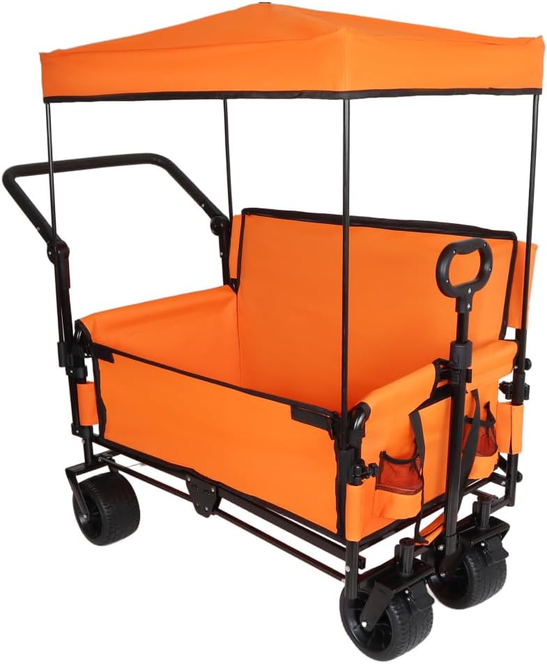 Heavy-Duty Folding Wagon Cart with Canopy, Bench Seat & Storage Compartment for Outdoor Activities, Beach Trips, Camping, Sports Events and Garden Use (Orange + Steel)