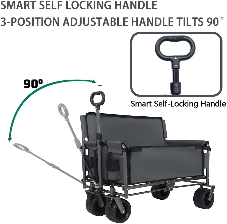 3-in-1 Convertible Folding Wagon Cart with Seat & Storage, 500lbs Heavy-Duty Utility Wagon, 180L Capacity, All-Terrain 360° Swivel Wheels for Camping, Beach, Sports, Garden (Gray)