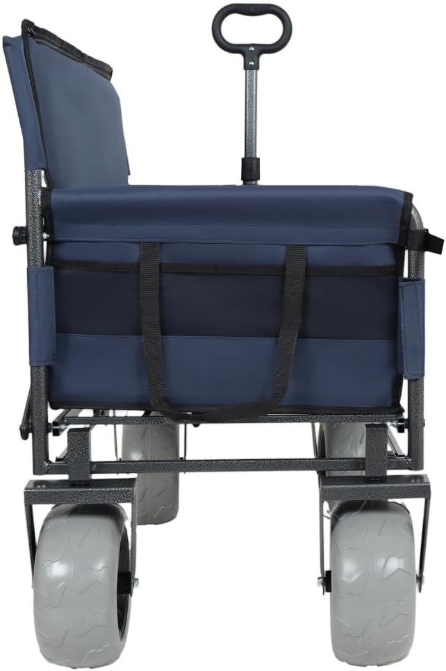 Heavy-Duty Folding Utility Wagon with All-Terrain Wheels, Convertible Bench Seat & Large-Capacity Storage Bin for Outdoor Activities (Dark Blue + Steel)