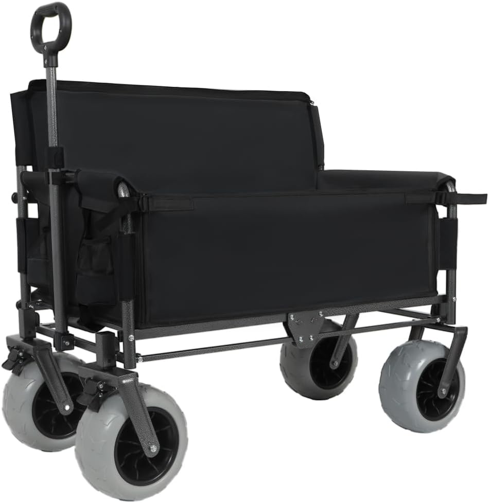 Heavy-Duty Foldable Utility Wagon with All-Terrain Wheels, Bench Seat & Large Storage Capacity for Outdoor Activities, Garden, Beach and Sports (Black + Steel)