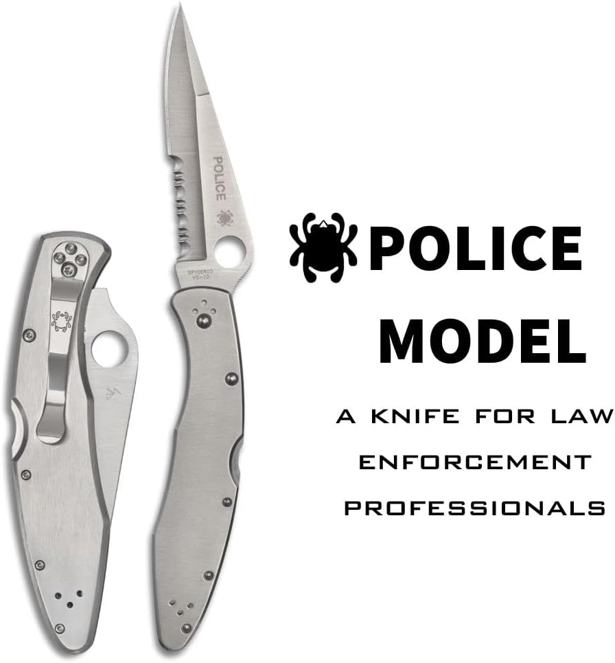 Spyderco Police Model Folding Pocket Knife with 4.2' VG-10 Steel Blade and Stainless Steel Handle - EDC Knife for Men and Women, Perfect for Hunting, Tactical, Camping - CombinationEdge - C07PS