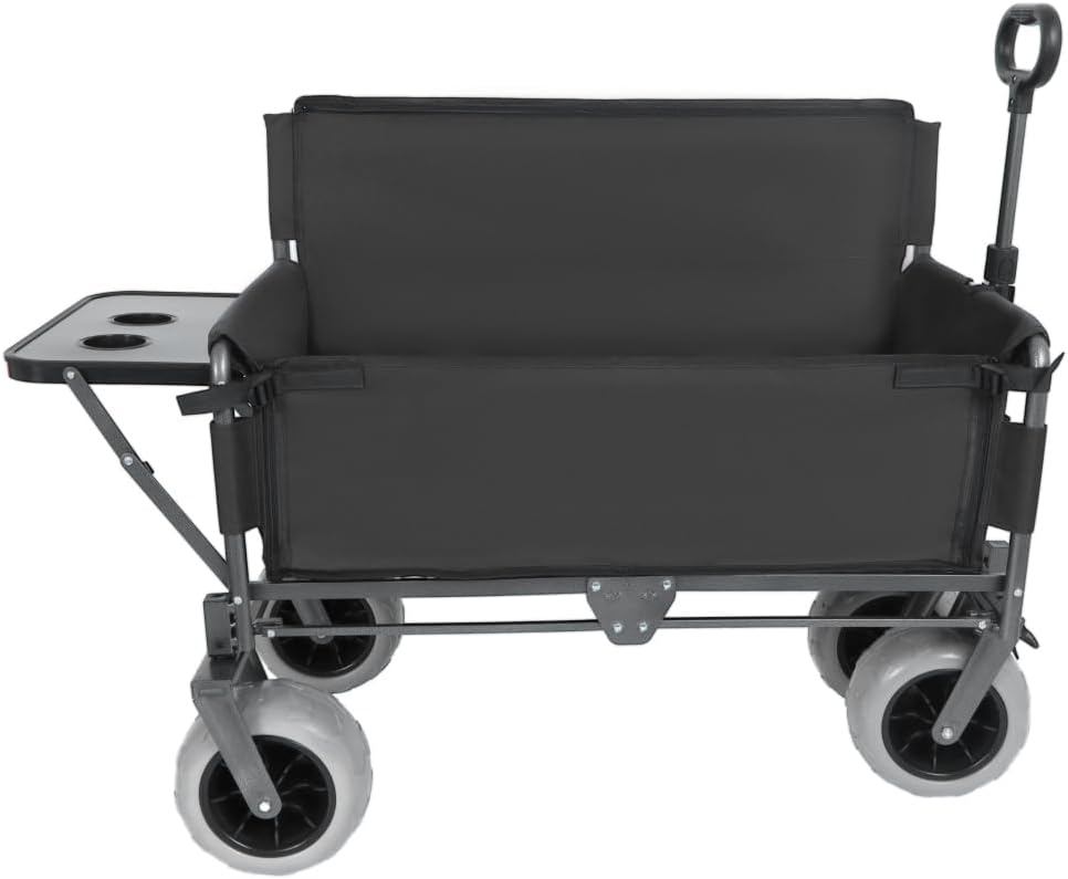 Heavy-Duty Folding Wagon with Bench Seat and Rear Folding Tabletop – 500-Pound Capacity, All-Terrain Beach Wheels for Outdoor Use (Black + Steel)