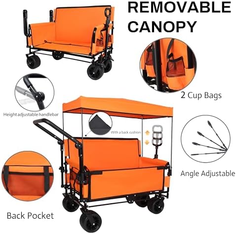 Heavy-Duty Folding Wagon Cart with Adjustable Canopy & Bench Seat - 500lbs Capacity, All-Terrain Utility Cart for Camping, Beach, Sports, Gardening, Outdoor Storage