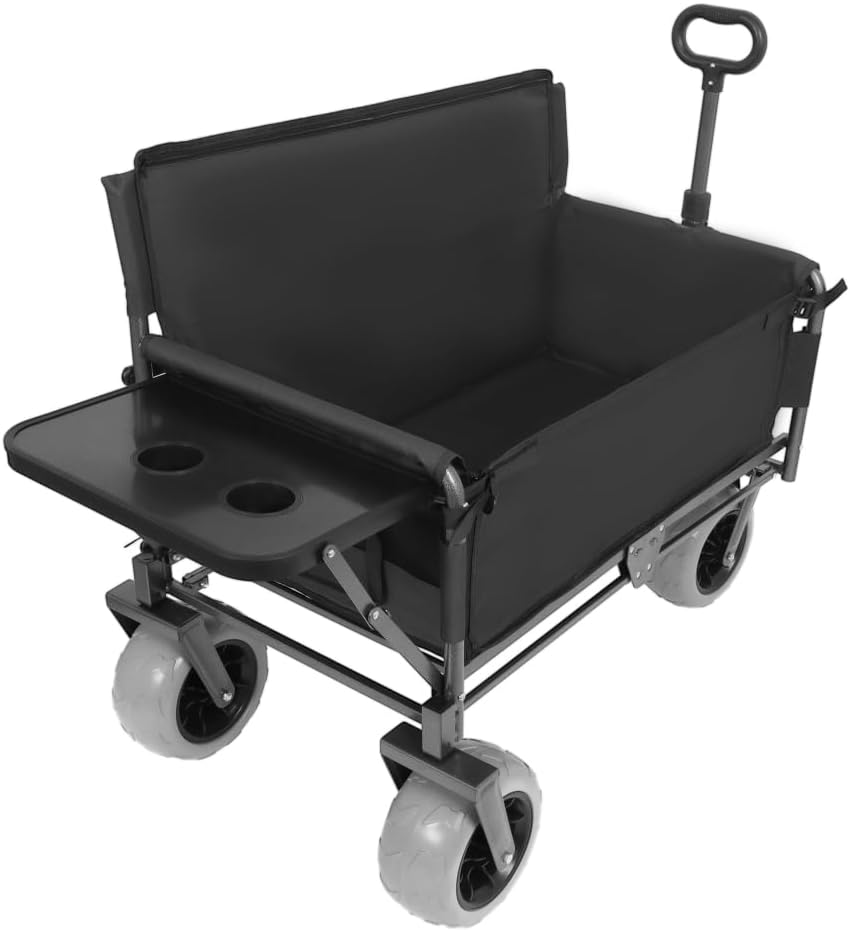 Heavy-Duty Folding Wagon with Bench Seat and Rear Folding Tabletop – 500-Pound Capacity, All-Terrain Beach Wheels for Outdoor Use (Black + Steel)