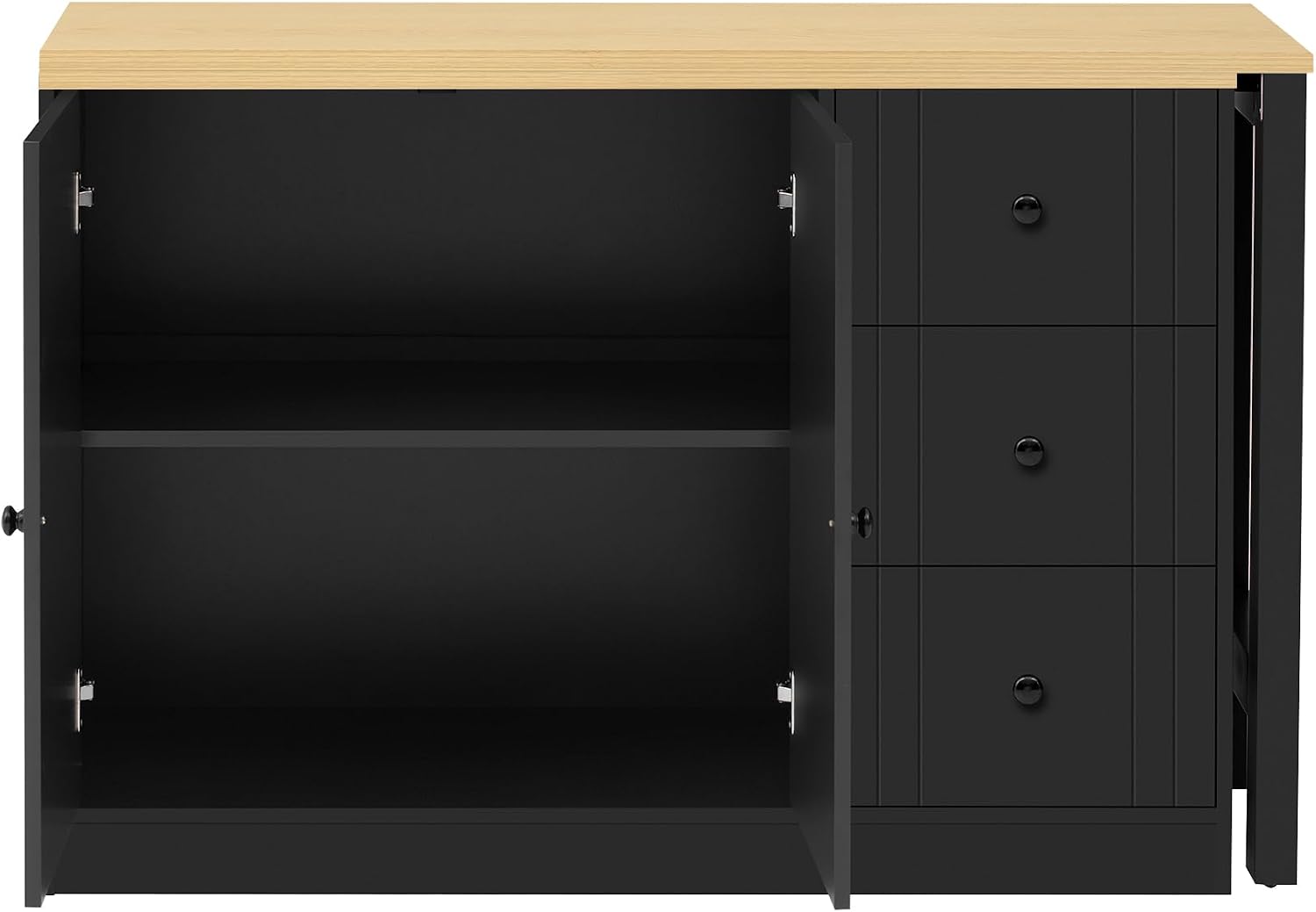 90' Extendable Freestanding Storage Cabinet, Kitchen Storage Bakers Rack with Silent Slides, Utility Food Cupboard with Adjustable Shelf for Kitchen Living Room, Black+Natural