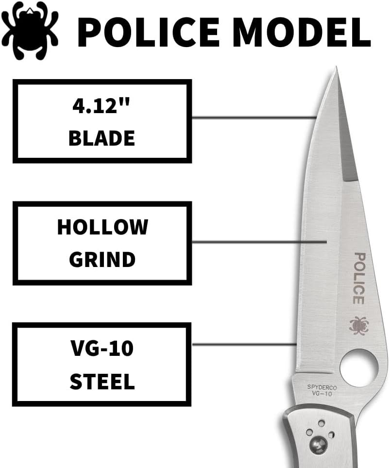 Spyderco Police Model Folding Pocket Knife with 4.2' VG-10 Steel Blade and Stainless Steel Handle - EDC Knife for Men and Women, Perfect for Hunting, Tactical, Camping, Survival - PlainEdge - C07P