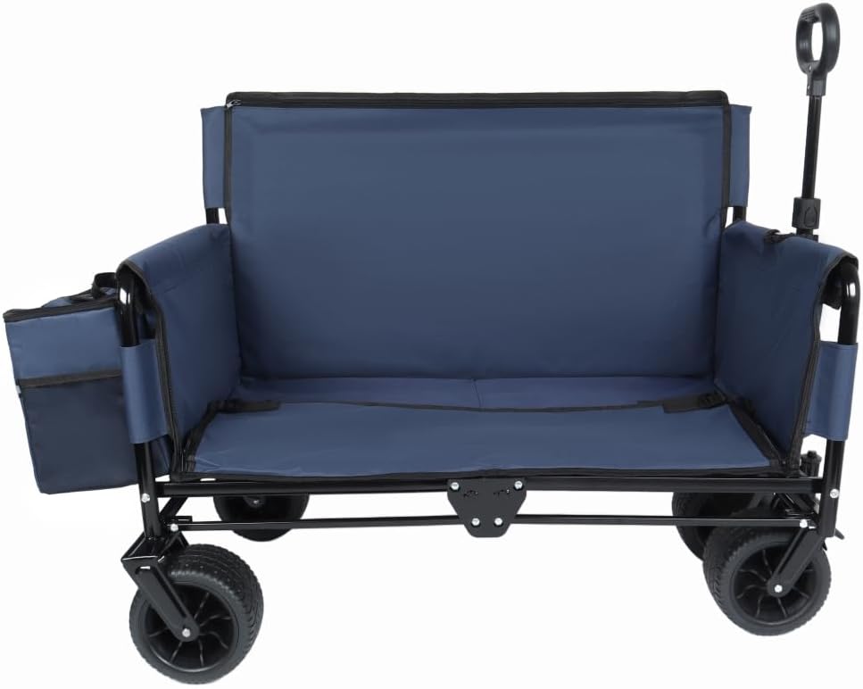 3-in-1 Folding Wagon Cart with Bench Seat and Storage, Heavy-Duty All-Terrain Utility Cart with Removable Cooler Pouch, 500lbs Capacity for Camping, Beach, Sports, and Garden (Dark Blue + Steel)