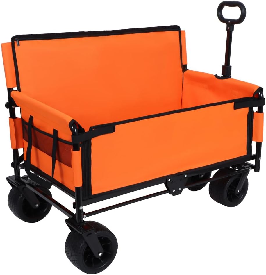 Heavy-Duty Folding Utility Wagon with All-Terrain Wheels and Convertible Seat – 500 lb Capacity, 180L Cargo Space for Outdoor Activities (Orange + Steel)