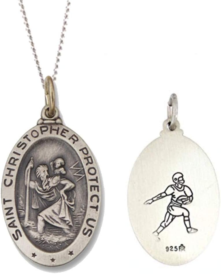 925 Sterling Silver Polished Antiqued-Finish Double Sided Saint Christopher Oval Sports Pendant Medal Necklaces