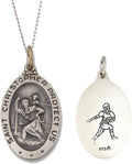 925 Sterling Silver Polished Antiqued-Finish Double Sided Saint Christopher Oval Sports Pendant Medal Necklaces