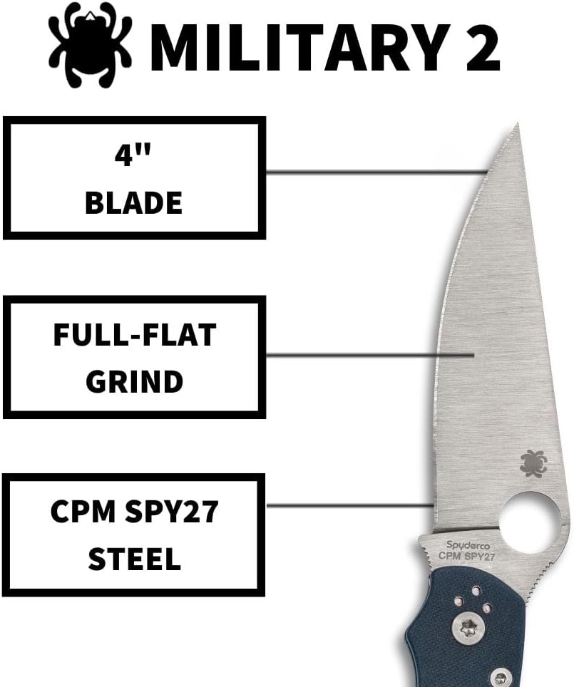 Spyderco Military 2 Folding Pocket Knife with 4' CPM SPY27 Steel Blade and G-10 Handle - EDC Knife for Men and Women, Perfect for Hunting, Tactical, Camping, Survival, Hiking - PlainEdge - C36GPCBL2