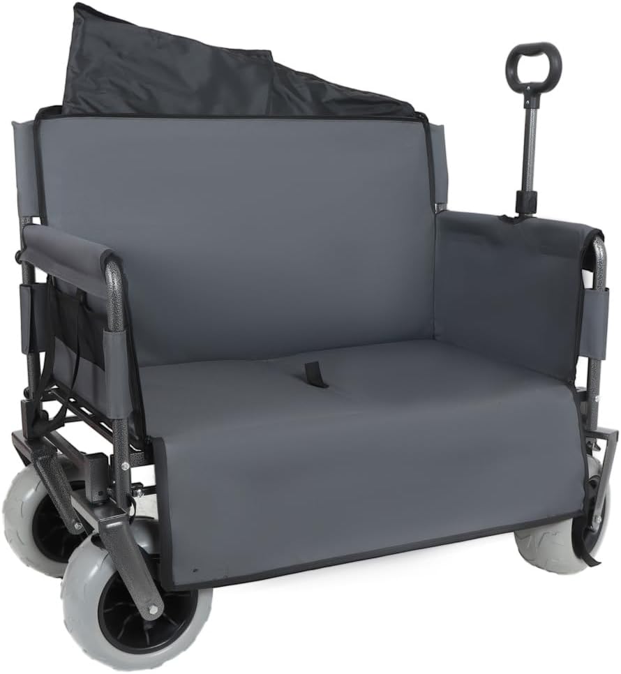 Heavy-Duty Foldable Utility Wagon with All-Terrain Wheels, Bench Seat & Large Storage Capacity for Outdoor Activities, Garden, Beach and Sports (Gray + Steel)