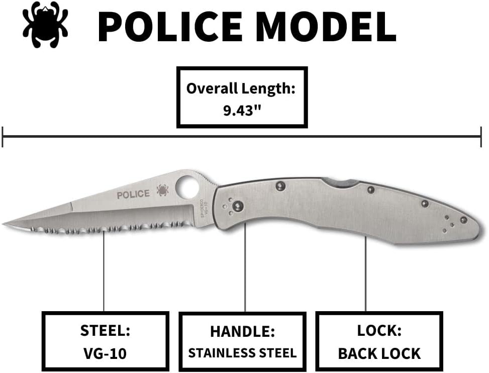 Spyderco Police Model Folding Pocket Knife with 4.2' VG-10 Steel Blade and Stainless Steel Handle - EDC Knife for Men and Women, Perfect for Hunting, Tactical, Camping, Survival - SpyderEdge - C07S