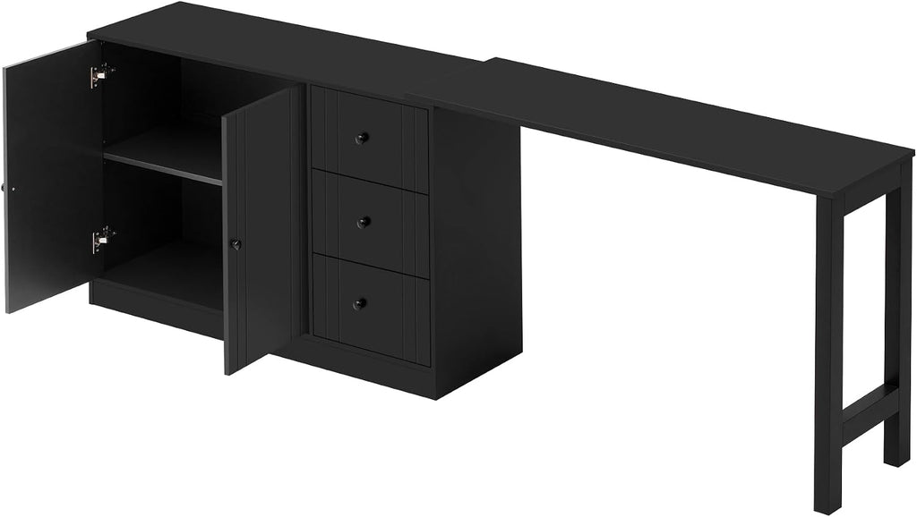90' Extendable Freestanding Storage Cabinet, Kitchen Storage Bakers Rack with Silent Slides, Utility Food Cupboard with Adjustable Shelf for Kitchen Living Room, Black