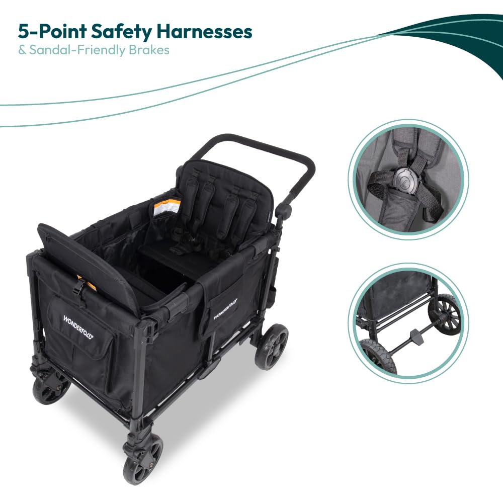 WonderFold W4 Elite Pro Stroller Wagon - Foldable Wagon with Aluminum Frame - Adjustable Canopy & Push Handle - All-Terrain Wheels - For Babies, Toddlers & Kids - 4 Seater - Jet Black