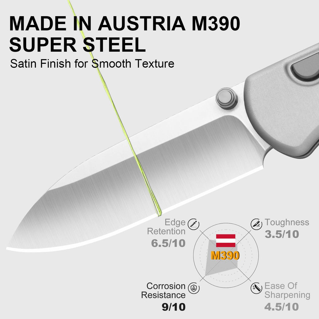 Kizer Drop Bear Zero Pocket Knife, 3.1' Drop Point M390 Blade Folding Knife with Light Gray Aluminum Handle, Thumb Stud & Button Liner Lock EDC Knives for Camping Hunting Survival Ki3619BDA4