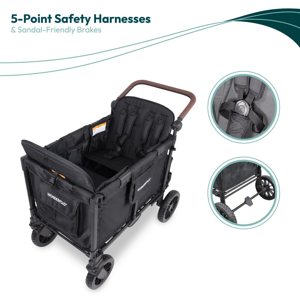 WonderFold W4 Luxe Pro Stroller Wagon - Collapsible Stroller Wagon with Aluminum Frame - Adjustable Canopy & Push Handle - XL All-Terrain Wheels - For Babies, Toddlers & Kids - 4 Seater - Black