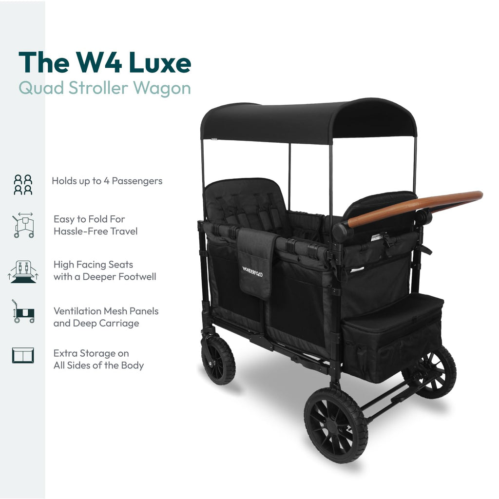 WonderFold W4 Luxe Stroller Wagon - Collapsible Stroller Wagon with Steel Frame - Adjustable Canopy & Push Handle - XL All-Terrain Wheels - for Babies, Toddlers & Kids - 4 Seater - Black