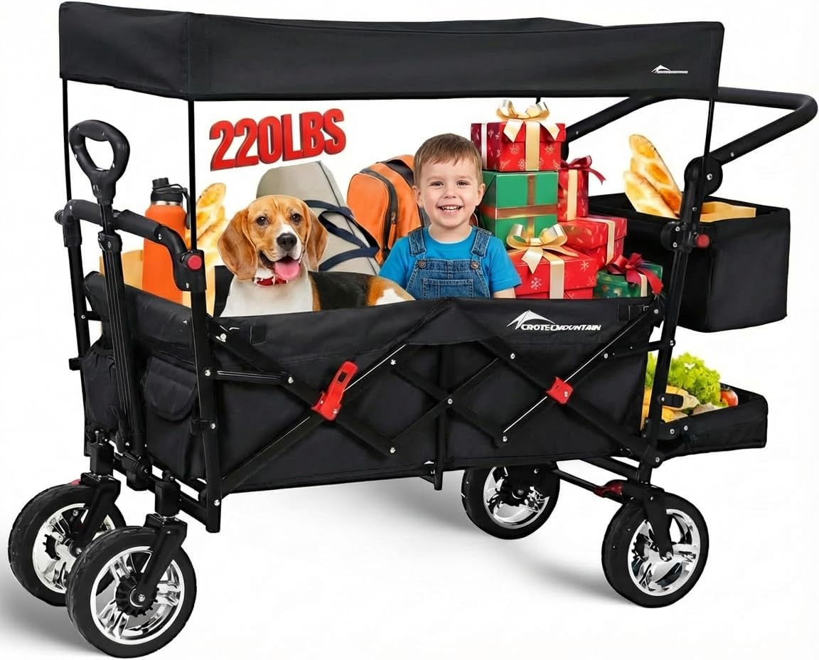 Foldable Wagon with Canopy, Wagon with Seat, Adjustable Push Pulling Handle, 4 360° Dual-Bearing Quick-Release Casters, 220lbs Loading Bearing, for Beach Camping Shopping Trips (1)