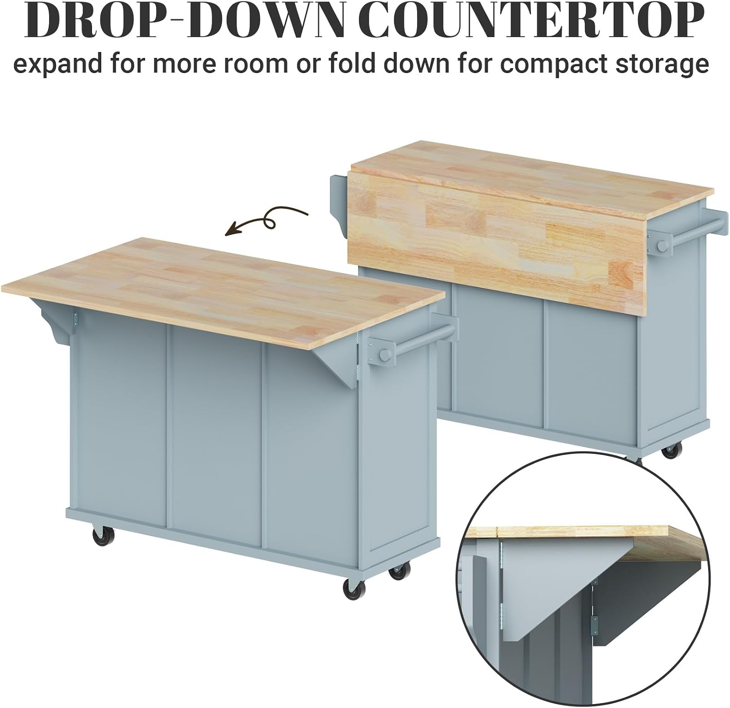 Rovibek Kitchen Island with Drop Leaf 53in Rolling Kitchen Island On Wheels with Storage Mobile Kitchen Island Cart Portable with Drawer and Storage Cabinet, Spice Rack, Towel Rack, Grayish Blue