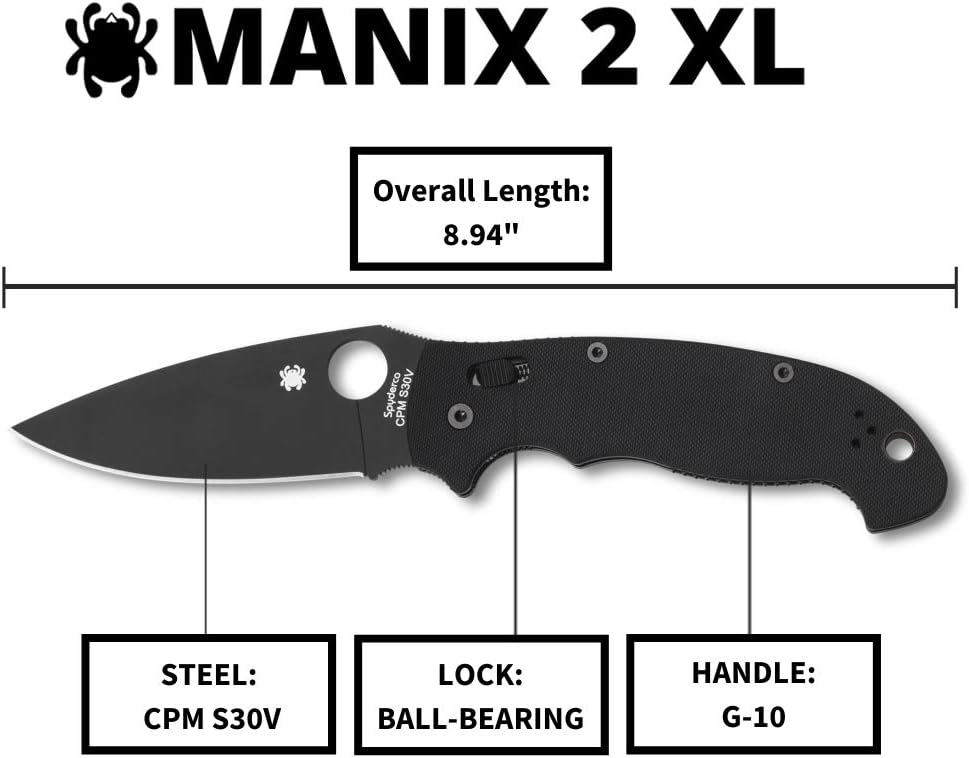 Spyderco Manix 2 XL Folding Pocket Knife with 3.8' CPM S30V Steel Blade and G-10 Handle - EDC Knife for Men and Women, Perfect for Hunting, Tactical, Camping, Survival, Hiking - PlainEdge - C95GPBBK2