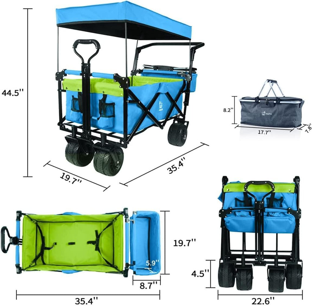 All Terrain Collapsible Wagon Cart with Big Wheels, 350 Pound Capacity Heavy Duty Enlarged Utility Folding Beach Garden Wagon Cart with Brake & Adjustable Handle for Outdoor Camping Shopping