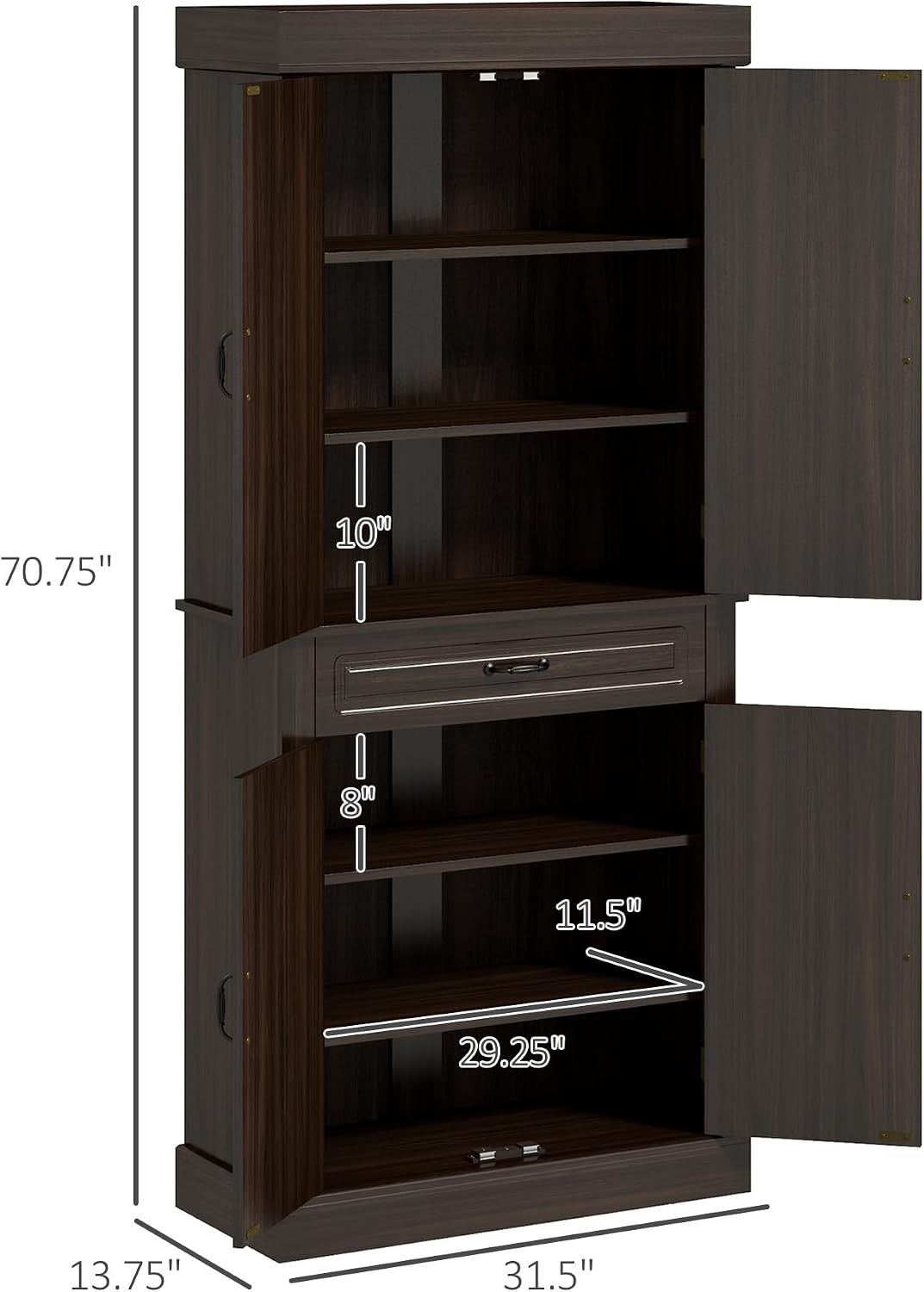 71' 4-Door Freestanding Storage Cabinet, Kitchen Storage Bakers Rack with Wide Drawer, Utility Food Cupboard with Wood Grain for Kitchen/Dining/Office, Coffee