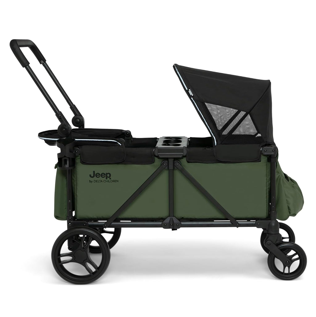 Jeep Sport Stroller Wagon by Delta Children, Black/Green | Stroller Wagon with 2 Canopies, Parent Organizer, Cup Holders, Adjustable Handlebar and Child Snack Tray