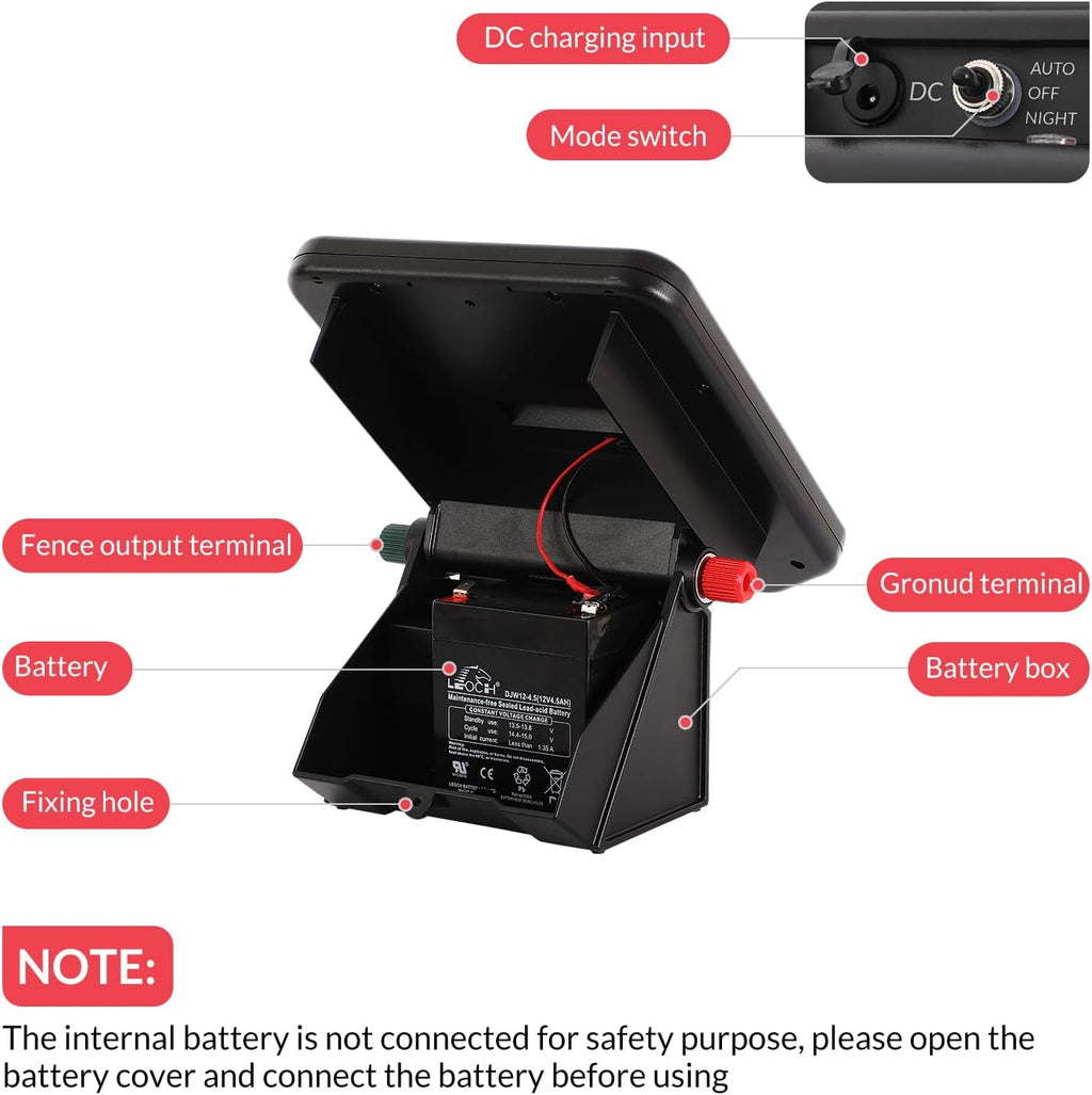 10 Miles Solar Electric Fence Charger with Day/Night Mode, 0.16J Portable Solar Fence Charger with Rechargeable Solar Panel for 24-Hour Uninterrupted Protection Electric Fence Energizer